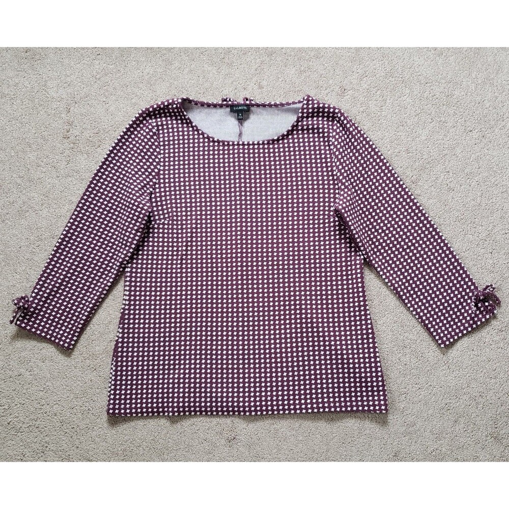 Talbots Women's Maroon White Geometric Knit Top Shirt 3/4 Sleeve Stretch Medium